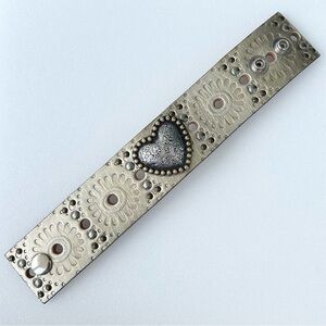 Vntg Wide LEATHER Bracelet in Gold with Puffy Heart 7” to 8” Width 1.5”